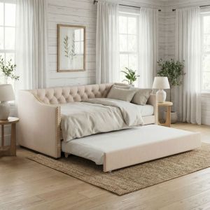 Canap&eacute; lit gigogne 90x200 extensible, lit capitonn&eacute; avec sommier &agrave; lattes en bois, design capitonn&eacute; & rivets, pour enfant, adulte, lin, style moderne