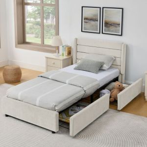 Lit simple rembourré Lit enfant 90x200 cm 2 Tiroirs rangement Lit Junior lit coffre Sommier à lattes Tête de lit Style moderne minimaliste Beige