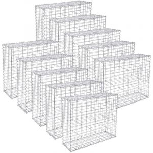 Lot de 10, Gabion pour Pierre, cloture gabion, Argent, Cage en Métal, Mur, Décoration de Jardin, 100 x 80 x 30cm, GGB083