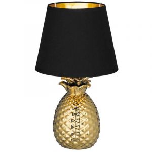 Lampe Ananas en c&eacute;ramique dor&eacute;e avec abat-jour noir et dor&eacute; H.35cm