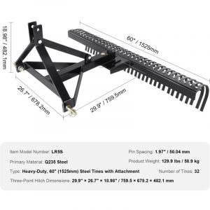 Mophorn - Déchaumeur tracté de 60 po, 32 dents en acier, râteau à gazon à 3 points pour tracteur, outil de jardinage et de ferme, râteau de paysage