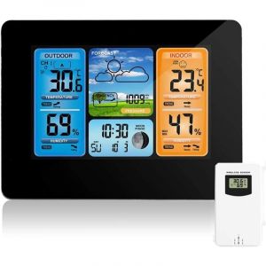 Station météo sans fil, station de prévision numérique couleur, thermomètre intérieur/extérieur, humidité, baromètre, alarme, phases de lune, horloge