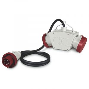 Adaptateur entr&eacute;e fiche 3P+N+T 32A 380-415V m&acirc;le / sortie 2 prises femelles clapet rouge rallonge 2m derivation &eacute;tanche IP66