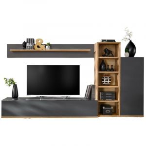 Composition murale RHYS &ndash; Meuble TV, colonnes et &eacute;tag&egrave;res &ndash; Anthracite et ch&ecirc;ne Wotan