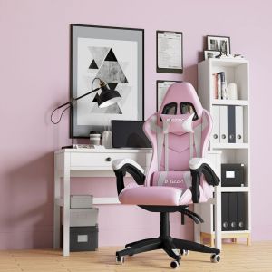 Chaise Gaming Inclinable 135°, Siège Confortable en Cuir, Fauteuil Gamer Ergonomique, Appui-tête, Support Lombaire, Rose