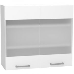 Meuble haut de cuisine avec 2 portes coloris blanc et verre gris - longueur 80 x profondeur 28 x hauteur 72 cm