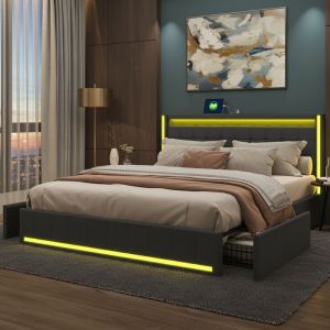 Lit 160x200 avec 4 tiroirs, lit adulte capitonn&eacute; avec sommier, &eacute;clairage LED RGB, ports USB et Type-C, style scandinave - Gris