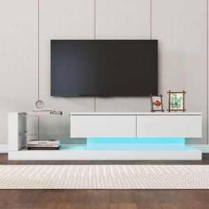 Meuble tv 140 cm, avec éclairage led, 2 portes de rangement, étagères en verre, laqué, rectangulaire, meuble salon en bois - Blanc