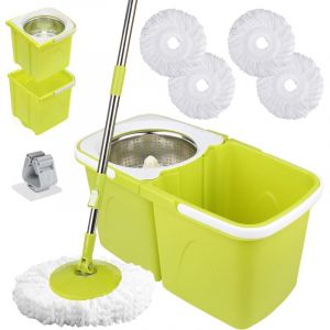 Serpilli&egrave;re avec Seau Essoreur et Balai Rotatif &ndash; Ensemble Balai Serpill&egrave;re pour Lavage du Sol Seau Double Compartiment avec Essorage Automatique 4