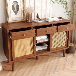 Crédence et buffet 120x40x78cm commode avec 3 tiroirs et 3 portes coulissantes, poignées en métal doré, étagères réglables, pieds en bois, noyer