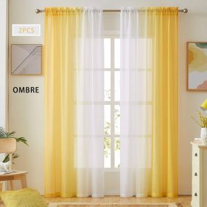 Rideaux transparents en faux lin jaune dégradé pour chambre à coucher, salon, passe-tringle, rideaux semi-fenêtres réversibles en voile dégradé 2