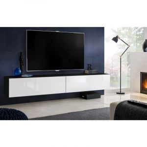 Komodee - Meuble Banc tv Loreto, Façade Brillant Blanc/Corps Noir Mat, Largeur 200 cm x Hauteur 30 cm x Profondeur 41,5 cm, Style