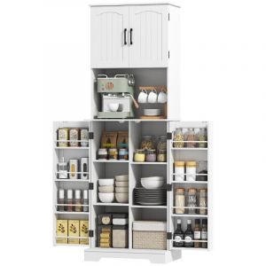 Buffet haut cuisine armoire de cuisine, 4 portes plan de travail 8 porte-&eacute;pices &eacute;tag&egrave;res r&eacute;glables 60x40x181,5cm blanc