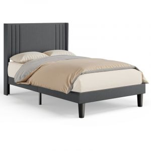 Lit Simple Capitonn&eacute; 120 x 200 cm avec T&ecirc;te de Lit pour Rangement Bealife Sommier &agrave; Lattes Tissu en Lin Lit Enfant Adolescent Gris Fonc&eacute;
