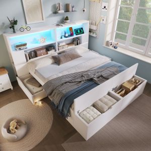 Lit double 140x200cm - avec lumi&egrave;re LED et port USB - avec banc coffre - grand espace de rangement - Blanc (matelas non inclus)