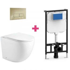 Ensemble WC suspendu GENOVA en c&eacute;ramique avec r&eacute;servoir et bouton de chasse d'eau Dor&eacute; rectangulaire