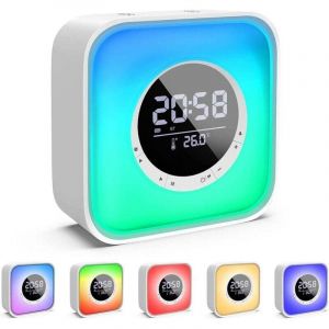 R&eacute;veil Lumineux avec Enceinte Bluetooth avec Lampe de Chevet LED avec 10 Changements de Coul, R&eacute;veil &agrave; Calendrier Num&eacute;rique, Radio FM et Affichage de
