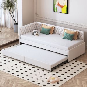 Lit gigogne 90x200 cm pour chambre d'amis et studio - Canap&eacute;-lit convertible 2 places avec sommier escamotable - Velours - Beige