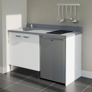 Cuisibane - Kitchenette K17L - 140 cm - plan monobloc évier intégré Cromo- évier à gauche - Façades Blanc + Electroménager inclus coloris Inox