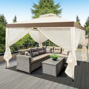Costway - Tonnelle Jardin/Barnum 3L x 3l x 2,65H m en Polyester Anti uv Tente de Réception Double Toit 4 Moustiquaires Amovibles Zippées, Beige