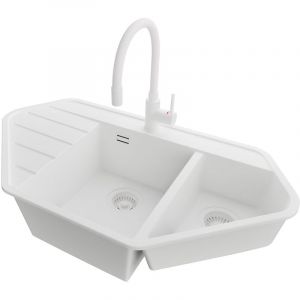 PRIMAGRAN Evier d'angle en Granit 90x50cm, Lavabo Cuisine 1,5 bacs + Kit de Vidage + Accessoire, &Eacute;vier &agrave; Encastrer au meuble 70cm, Tout Blanc
