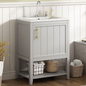 Meuble de salle de bain vasque simple, meuble sous-vasque 60 cm avec vasque en c&eacute;ramique, avec &eacute;tag&egrave;re, gris clair
