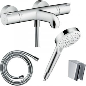 Pack mitigeur bain thermostatique HANSGROHE Ecostat 1001 + Pommeau Crometta EcoSmart + Flexible Isiflex + Support Chrom&eacute;
