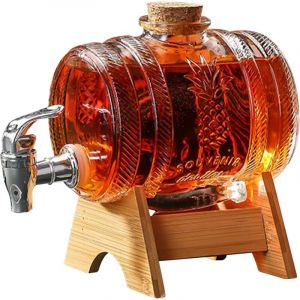Distributeur de boisson en forme de tonneau 1 L, carafe à whisky pour alcool avec robinet, distributeur transparent avec support en bois pour vin,