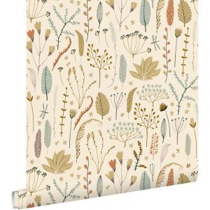 papier peint fleurs des champs vert olive gris&eacute; - ESTAhome