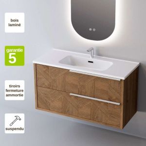 Meuble de salle de bain plan vasque Solide Surface, 2 Tiroirs Chêne Moyen Poignée Inox Satiné, l80xh54xp45, Effet 3D, REEL