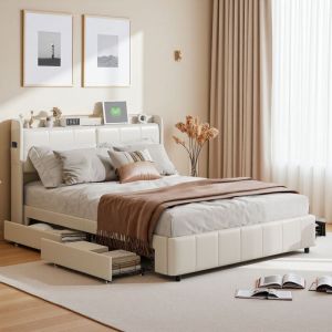 Tanant - Lit 140x190cm, lit avec 4 tiroirs, port de recharge usb et Type-C, avec tête de lit éclairée led, sommier à lattes, simili cuir - Blanc