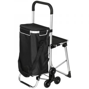 Chariot de courses pliable caddie de courses portable &agrave; roulettes avec si&egrave;ge pliable, sac amovible, 46x59,5x97cm, noir
