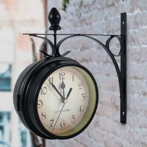Horloge murale double face, horloge de jardin rtro europenne avec double surface en verre, horloge de dcoration vintage suspendue avec support,
