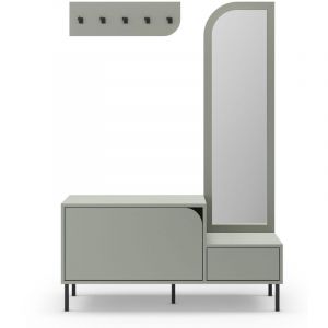 Meuble d'entr&eacute;e, meuble &agrave; chaussures aspect bois coloris vert avec miroir et portant, pieds en m&eacute;tal noir - Longueur 112 x Profondeur 38,50 x Hauteur