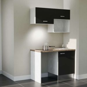 Kitchenette K02L-PT - 120 cm avec plan de travail et &eacute;vier - emplacements frigo, hotte et micro-ondes - Fa&ccedil;ade Noir - Plan Bois - Evier Inox