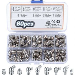 60 Pi&egrave;ces Assortiment de Graisseurs, Filet&eacute;s de Graissage, M6 M8 M10 Raccords de Graisse, Raccords Filetage M&acirc;le Graisseurs droit/45&deg;/90&deg; pour