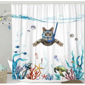 Rideaux de douche en tissu impermable bleu sarcelle de mer avec chat drle et pieuvre toile de mer to Salle de bain, WC Accessoire