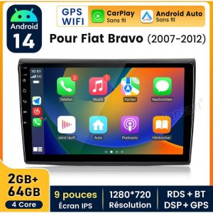 9 pouces Carplay Autoradio pour Fiat Bravo 2007-2012 Android 2+64GB JUNSUN
