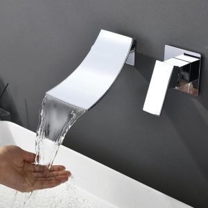 Ikodm - Robinet de salle de bain cascade, robinet de lavabo encastré pour montage mural - Robinet mural 2 trous avec poignée simple et grand bec