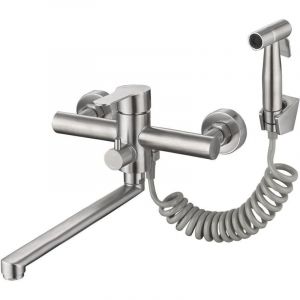 Robinet de cuisine mural en nickel bross&eacute; avec douchette lat&eacute;rale - Mitigeur d'&eacute;vier utilitaire de qualit&eacute; commerciale, sans plomb, bec de 12 po