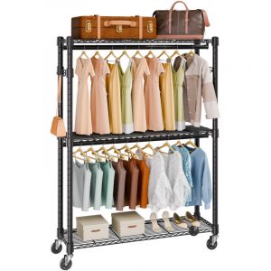 VEVOR Portant a Vetements Mobile Porte-Manteau avec Roulettes 2 Tringles 3 Etageres 2 Supports Lateraux Penderie a Vetements en Acier Charge 182 kg