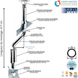 Kit conduit double paroi isol&eacute; d&eacute;voiement sortie toiture Ediliso25 Edilinox Diam&egrave;tre 150 Version D&eacute;port : 79 cm Longueur 417 cm