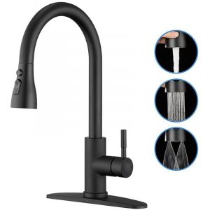 Fitags - Robinet Cuisine Noir, Mitigeur Cuisine avec Douchette Extractible 3 Modes de Réglage, Robinetterie Evier Escamotable Haut Bec Pivotant à