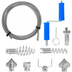 Furet Déboucheur Canalisation, Kit 5M Longueur, 12mm Diamètre avec 6 Têtes Industrielles, Adaptateur Manuel & Électrique pour Débouchage Intensif et