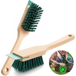 Dpzo - Brosse de tondeuse &agrave; gazon, grattoir, poils en plastique robustes, long manche en bois, brosse de jardin verte, brosse &agrave; main adapt&eacute;e au