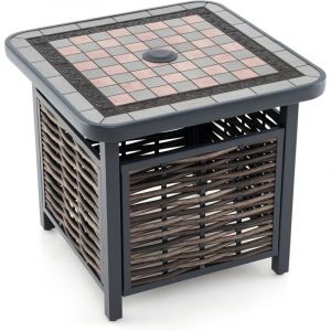 Table de Jardin Carrée Plateau en Résine 55 cm, Table Basse de Patio en Rotin pe avec Trou pour Parasol Cadre en Métal, Table à Manger d'Extérieur
