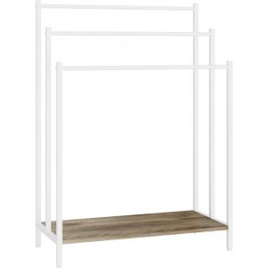 Porte-serviettes Relaxdays avec tablette, H x L x P : 81 x 60 x 28 cm, aspect bois, 3 barres, sur pied, naturel/blanc