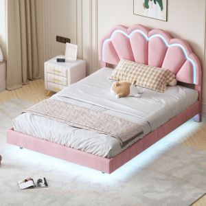 Sunfecili - Lit enfant 140x200,lit 140x200,lit capitonné,lit double,lit fille, cadre de lit double couronne blanc en cuir PU,Rose