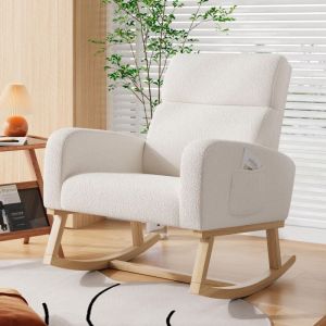 Fauteuil &agrave; bascule, fauteuil allaitement, avec accoudoirs, 2 poches lat&eacute;rales, dossier inclinable, pieds en bois massif, tissu Sherpa, fauteuil