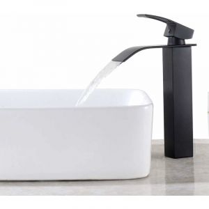 CCYKXA Robinet Lavabo Cascade Noir, Hauteur du Bec 260MM Haut Mitigeur Vasque à Poser Salle de Bain, Robinetterie Grand Bec Carré en Laiton, Eau